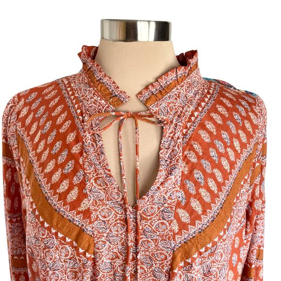 Umgee Rust Blue Floral Print Boho Dress Sz SMALL Bell Cuff Flowy Bohemian Fall - Picture 3 of 9